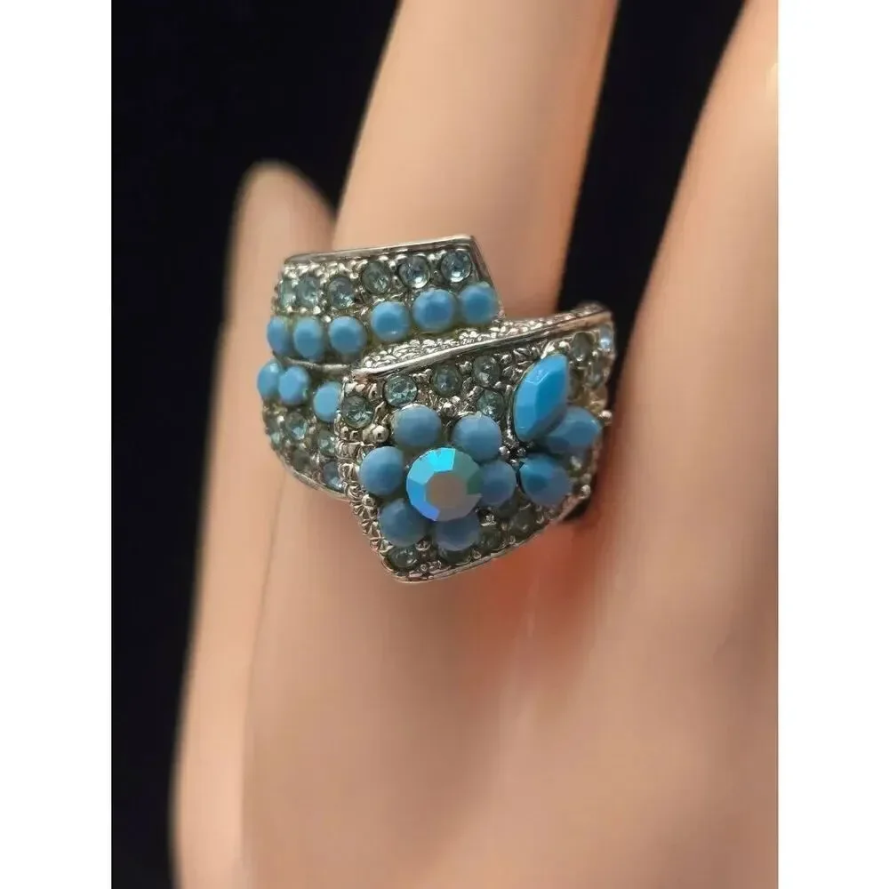 Women's Vintage Size 8.5 Blue Rhinestone & Beaded Adjustable Silver Tone Ring